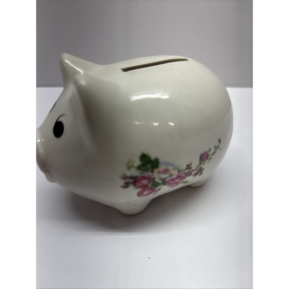 Vintage Small 4" White Ceramic Piggy Bank with Rose and Leaf‎ Design